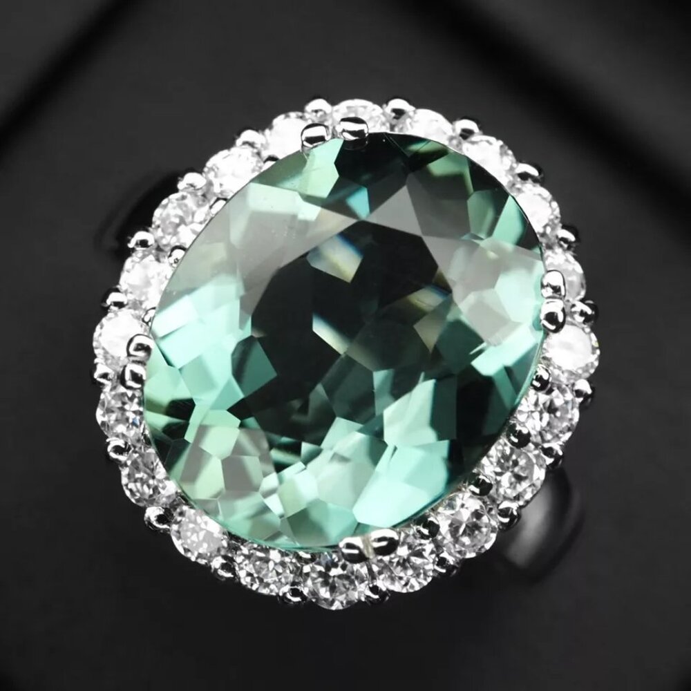 Tantalizing TEAL-BLUE-GREEN TOURMALINE RING 7.5ct & White Sapphires Silver 925